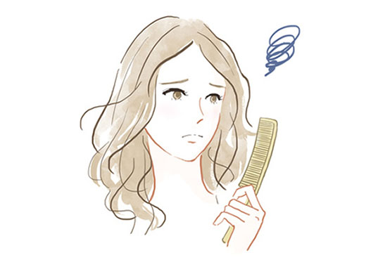 髪のトラブルを抱えた施術前の不安顔の女性のイメージイラスト